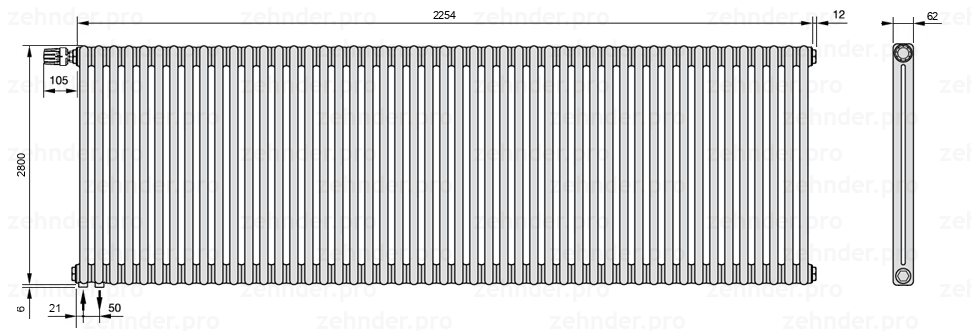 Схема (чертеж) Радиатор Zehnder Charleston 2280/49 №V001 Белый глянцевый RAL 9016